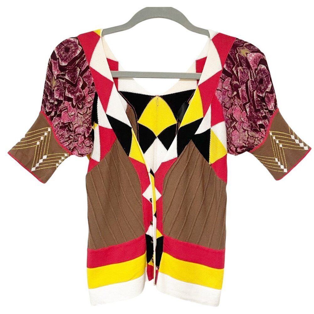 Just Cavalli Knit & Silk Mixed Fabric Brown Short Puffed Sleeve V Neck Cardigan